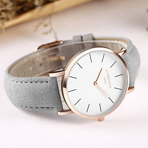 Relojes Mujer y Hombre Ultradelgado Cuero Clásico, Gris-Oro Rosa