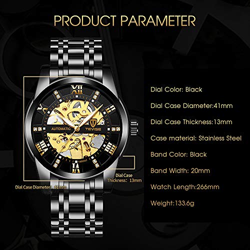 Relojes, Relojes Hombre Negro Mecánico Automático Esqueleto de Estilo Clásico Impermeable Reloj de Los Hombres con Correa de Acero Inoxidable