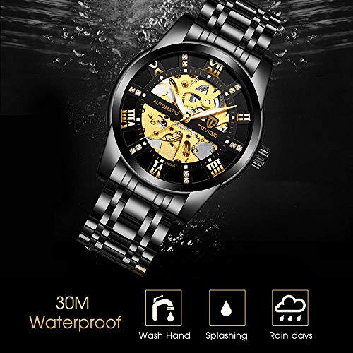 Relojes, Relojes Hombre Negro Mecánico Automático Esqueleto de Estilo Clásico Impermeable Reloj de Los Hombres con Correa de Acero Inoxidable