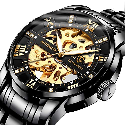 Relojes, Relojes Hombre Negro Mecánico Automático Esqueleto de Estilo Clásico Impermeable Reloj de Los Hombres con Correa de Acero Inoxidable