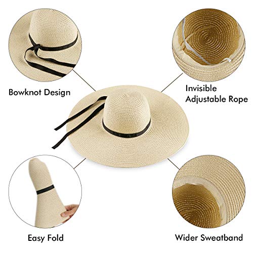 RenFox Sombrero Paja Mujer Pamela de Paja Sombreros Mujer Verano Sombrero ala Ancha Mujer Sombrero de Playa Plegable(Beige)