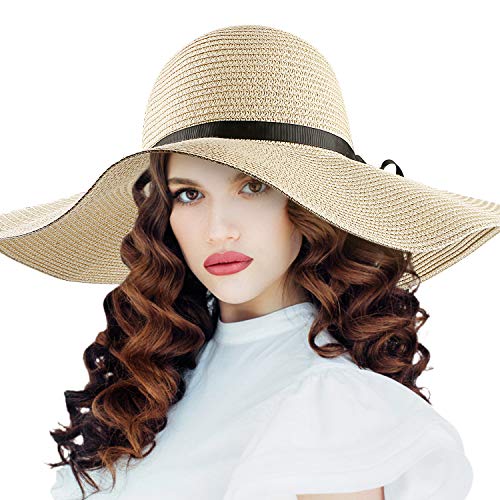 RenFox Sombrero Paja Mujer Pamela de Paja Sombreros Mujer Verano Sombrero ala Ancha Mujer Sombrero de Playa Plegable(Beige)