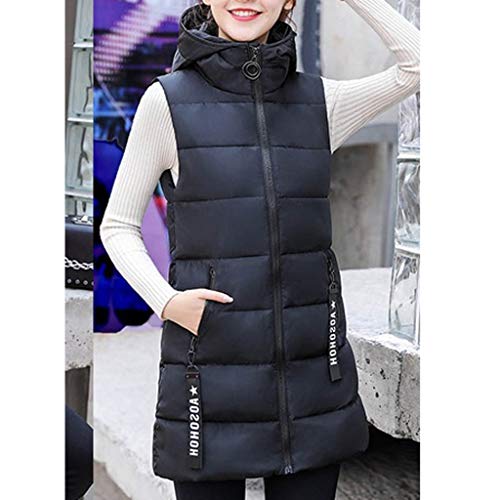 Reooly Chaqueta de Moda para Mujer Chaqueta sin Mangas con Capucha Algodón Color sólido Cremallera Bolsillo Cuello Alto(Negro,Large)