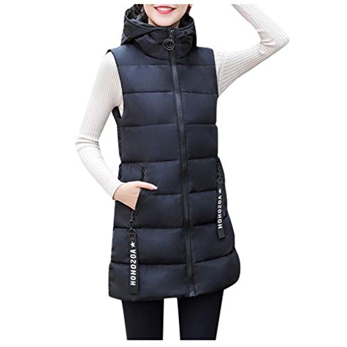 Reooly Chaqueta de Moda para Mujer Chaqueta sin Mangas con Capucha Algodón Color sólido Cremallera Bolsillo Cuello Alto(Negro,Large)