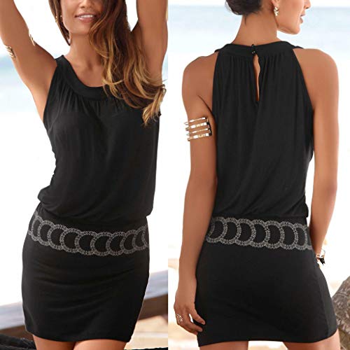 ReooLy Fashion Casual Vestido de Mujer sin Mangas Impreso O-Cuello Beach Bodycon Mini Chaleco Falda(Negro,XXL)