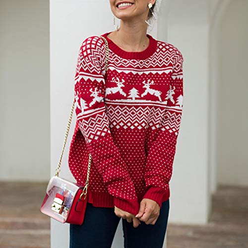 Reooly Suéter navideño para Mujer De Manga Larga O-Cuello Navidad Fawn Jacquard Jersey de Punto Top(Rojo,Small)
