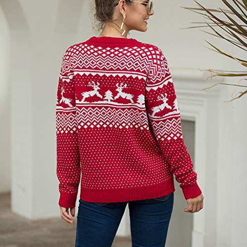 Reooly Suéter navideño para Mujer De Manga Larga O-Cuello Navidad Fawn Jacquard Jersey de Punto Top(Rojo,Small)