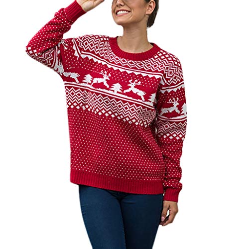 Reooly Suéter navideño para Mujer De Manga Larga O-Cuello Navidad Fawn Jacquard Jersey de Punto Top(Rojo,Small)