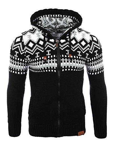 Reslad Jersey de punto para hombre noruego invierno de punto chaqueta sudadera con capucha RS-3104 negro-blanco S