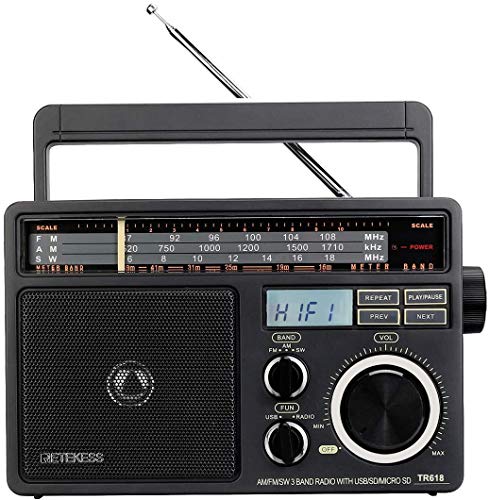 Retekess TR618 Radio Portátil FM Am SW, Radio Analógica Onda Corta para Personas Mayores,Soporte para Disco USB,Tarjeta TF/SD,con Conector para Auriculares,Alimentación de AC o Batería(Gris Oscuro)