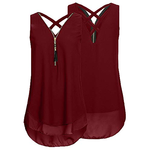 Riou - Blusas y Camisa de Gasa Barata para Mujer Primavera Elegante Estampado Cuello en V Cremallera Estampado Sexy Moda Tallas Grandes Blusa Barata Top Camisetas