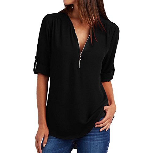 Riou Camisa de Mujer Camiseta con Cuello en v Top Color sólido Camisa de Manga Larga con Cremallera Ajustable Mujer Sexy Tamaño S-XXL