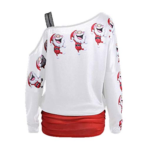 riou Camiseta de Mujer Manga Larga Casual con Hombros Descubiertos Blusa Larga Tops Estampado Navideño Mujeres Santa Claus Sweaters Estampadas Pullover