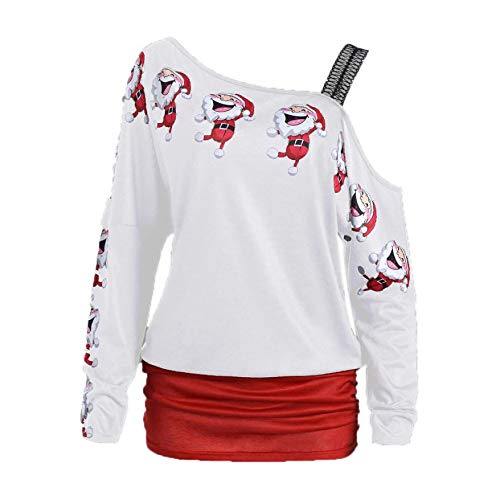 riou Camiseta de Mujer Manga Larga Casual con Hombros Descubiertos Blusa Larga Tops Estampado Navideño Mujeres Santa Claus Sweaters Estampadas Pullover