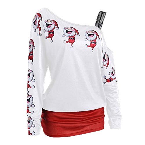 riou Camiseta de Mujer Manga Larga Casual con Hombros Descubiertos Blusa Larga Tops Estampado Navideño Mujeres Santa Claus Sweaters Estampadas Pullover