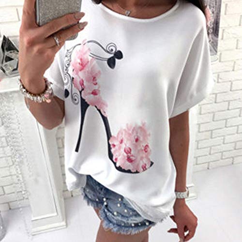 riou Camisetas Manga Corta Mujer Moda De Verano Estampada de tacón Alto Blusa Camisa Cuello Redondo Basica Camiseta Suelto Tops Casual Playa y Fiesta