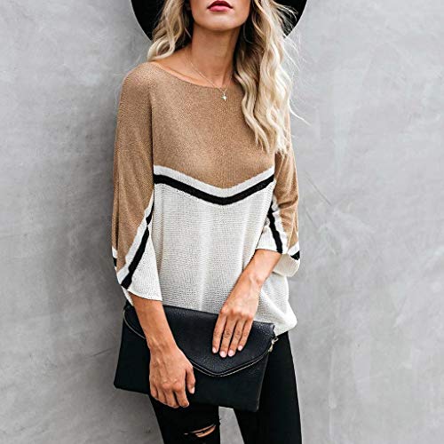 riou Jerseys De Punto para Mujer Cuello Redondo Costuras a Rayas Suéter Gran tamaño Manga Larga Suelto Jerséis Blusa Camisa Tops Cálido Otoño Invierno