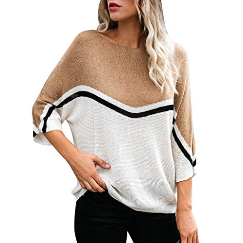 riou Jerseys De Punto para Mujer Cuello Redondo Costuras a Rayas Suéter Gran tamaño Manga Larga Suelto Jerséis Blusa Camisa Tops Cálido Otoño Invierno