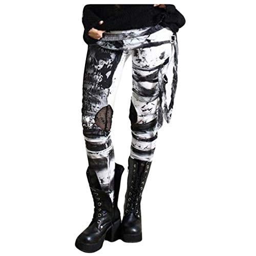 riou Pantalones Deportivos Leggings Mujer Retro con Corbata Punk Desgastada y Rockero Gótico para Running Training Fitness Estiramiento Pantalón Deportivo