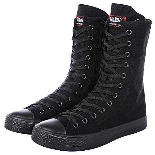 rismart Mujer Botas Lona Media Pierna Punk Altos Cordones Moda Sneakers(Negro,37 EU)