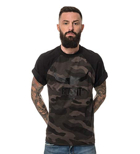 ROCK-IT Apparel® Hombres Negro Logo Camuflaje Raglan Camiseta de Manga Corta Cuello Redondo 100% Algodón Tallas S-5XL Color Camuflaje Oscuro L