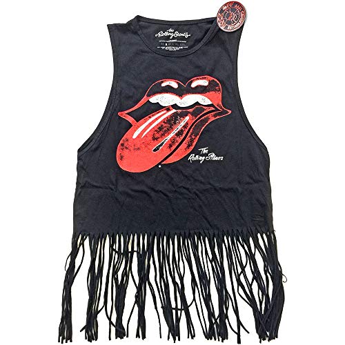 Rolling Stones The Vintage Tongue Logo with Tassels Camiseta, Negro (Black Black), 40 para Mujer