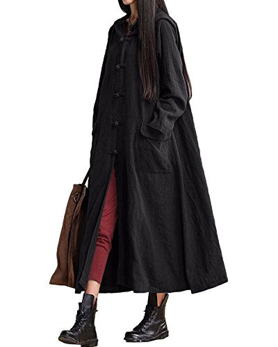 Romacci Primavera Otoño Mujer Vintage Vestido con Capucha de Manga Larga Casual Suelta Algodón Sólido Vestido de Borgoña Azul Oscuro Negro
