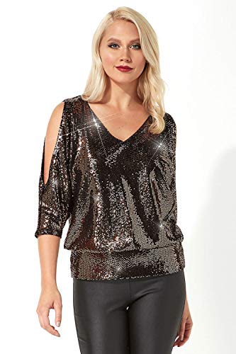 Roman Originals Blusa de lentejuelas brillantes para mujer, con hombros descubiertos, con purpurina, dobladillo de burbuja, manga 3/4, cuello en V, para Navidad, fiesta, noche de Año Nuevo, discoteca