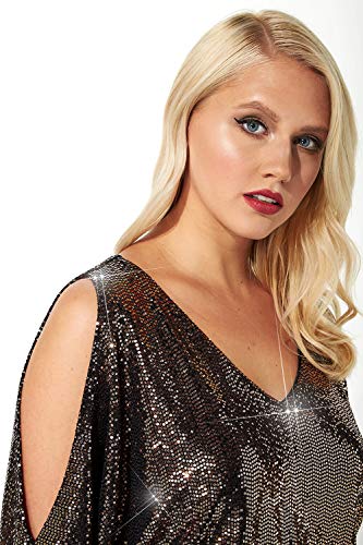 Roman Originals Blusa de lentejuelas brillantes para mujer, con hombros descubiertos, con purpurina, dobladillo de burbuja, manga 3/4, cuello en V, para Navidad, fiesta, noche de Año Nuevo, discoteca