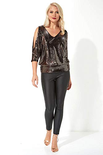 Roman Originals Blusa de lentejuelas brillantes para mujer, con hombros descubiertos, con purpurina, dobladillo de burbuja, manga 3/4, cuello en V, para Navidad, fiesta, noche de Año Nuevo, discoteca