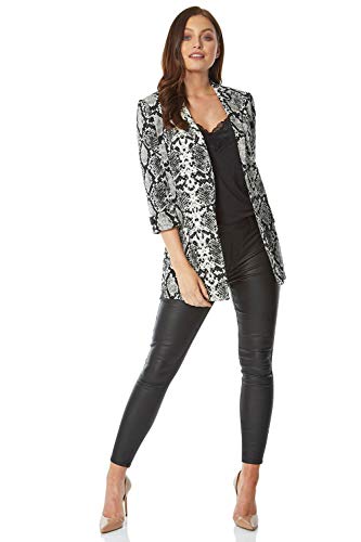 Roman Originals - Chaqueta de manga 3/4 para mujer, elegante, informal, para uso diario, holgado, largo de borde a borde con cuello abierto de piel de serpiente con bolsillos Gris gris 38