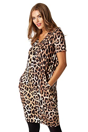 Roman Originals Vestido con bolsillos para mujer, estampado de animales, estampado de leopardo, camiseta holgada de gran tamaño, para fiesta, casual, cuello en V, elástico, holgado, túnica de capullo