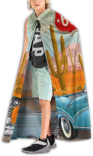 Romance-and-Beauty Capa para niños con Capucha Route 66 Vintage Arizona Road Trip Cactus Abrigo con Capucha Unisex Capa de Bruja Capa Larga Capa de Fiesta de Cosplay de Halloween