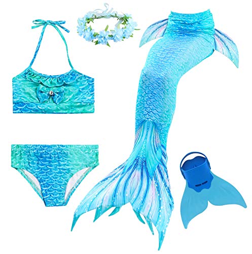 Romance Zone Cola de Sirena para Natación 5pcs Traje de Baño Mermaid Bikini Establece Disfraz de Sirena para Niña Princesa Cosplay Conjuntos con Diadema de Flores y Monofín