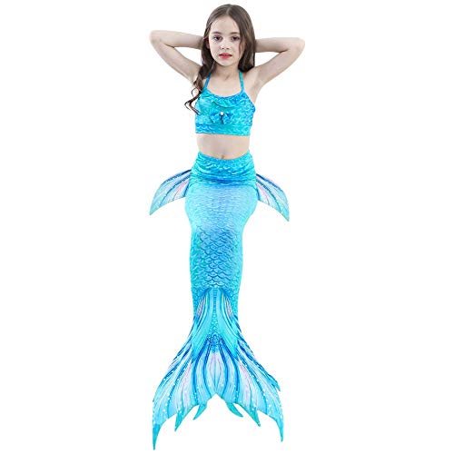 Romance Zone Cola de Sirena para Natación 5pcs Traje de Baño Mermaid Bikini Establece Disfraz de Sirena para Niña Princesa Cosplay Conjuntos con Diadema de Flores y Monofín