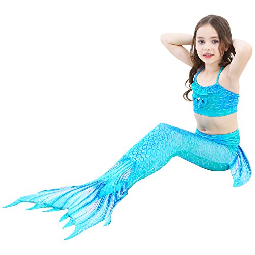Romance Zone Cola de Sirena para Natación 5pcs Traje de Baño Mermaid Bikini Establece Disfraz de Sirena para Niña Princesa Cosplay Conjuntos con Diadema de Flores y Monofín