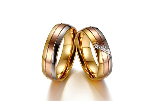 ROMQUEEN JOYERÍA 2 Piezas Anillo de 6MM Alianzas 9 Kilates Oro Blanco Anillos Compromiso Oro Blanco Mujer Anillo Mujer/Hombre de Tricolor(la Talla Mujer:17 & Hombre:27)