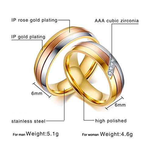 ROMQUEEN JOYERÍA 2 Piezas Anillo de 6MM Alianzas 9 Kilates Oro Blanco Anillos Compromiso Oro Blanco Mujer Anillo Mujer/Hombre de Tricolor(la Talla Mujer:17 & Hombre:27)