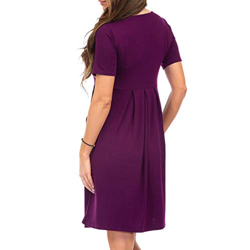 Ronamick Vestidos Mujer Casual 2019 Moda Mujer sólido O-Cuello Manga Corta Imperio Dos Bolsillos Fruncido Vestido Suelto Vestidos Cortos Verano (Púrpura,XXL)