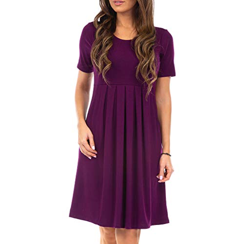 Ronamick Vestidos Mujer Casual 2019 Moda Mujer sólido O-Cuello Manga Corta Imperio Dos Bolsillos Fruncido Vestido Suelto Vestidos Cortos Verano (Púrpura,XXL)