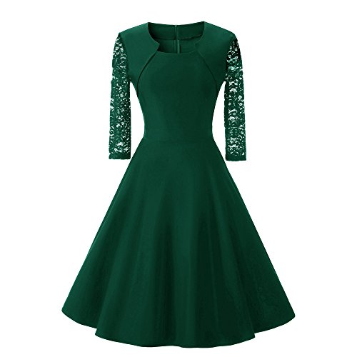 Ronamick Vestidos Mujer Casual 2019 Vestido de Fiesta de cóctel de Boda de Manga Tres Cuartos de Encaje Vintage para Mujer o Cuello Vestidos Cortos Verano（Verde,S