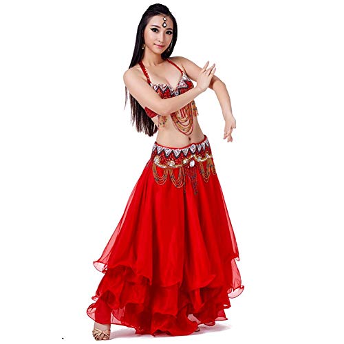 Ropa Árabe Femenina Elegante Traje De Danza del Vientre Falda De Tres Capas De La Ropa del Funcionamiento De Curling (Color : Red, Size : 34C+80cm)