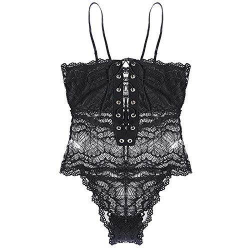 Ropa de dormir para mujer Mono transparente Hot Sesy Lace Up Rompers Mujeres Deep V Sin mangas Sexy Jumpsuit   Summer Strap   Body-Black_M