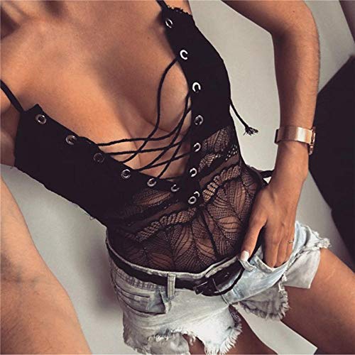 Ropa de dormir para mujer Mono transparente Hot Sesy Lace Up Rompers Mujeres Deep V Sin mangas Sexy Jumpsuit   Summer Strap   Body-Black_M