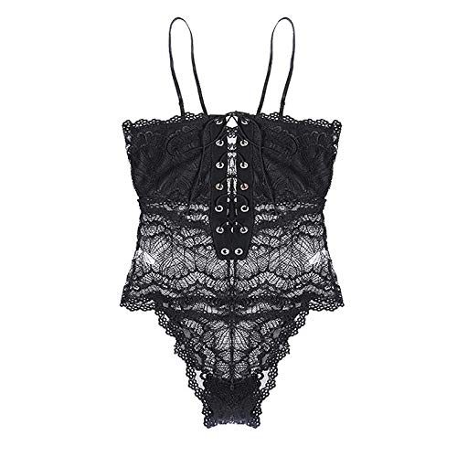 Ropa de dormir para mujer Mono transparente Hot Sesy Lace Up Rompers Mujeres Deep V Sin mangas Sexy Jumpsuit   Summer Strap   Body-Black_M