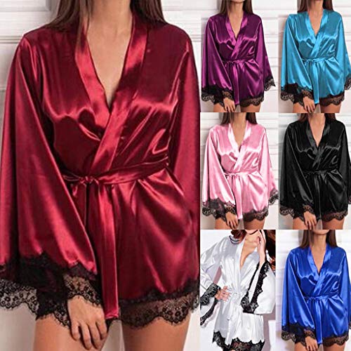 Ropa de Dormir para Mujeres,SHOBDW Regalo de San Valentín Ropa Interior Camisón de satén Tallas Grandes Sólido Encaje de Seda Lencería Camisón Bata Sexy Ropa de Dormir(Negro,S)