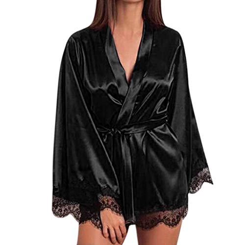 Ropa de Dormir para Mujeres,SHOBDW Regalo de San Valentín Ropa Interior Camisón de satén Tallas Grandes Sólido Encaje de Seda Lencería Camisón Bata Sexy Ropa de Dormir(Negro,S)