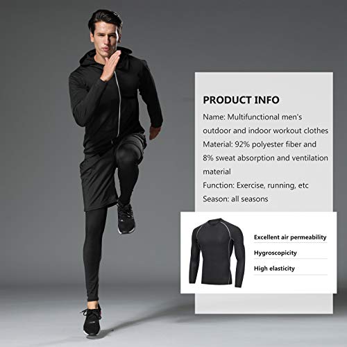 Ropa de entrenamiento para hombre, ropa de fitness, gimnasio, al aire libre, pantalones de compresión, camisa de manga larga, 4 unidades o 5 piezas - negro - 3X-Large