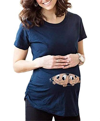 Ropa De Maternidad Blusas De Las Mujeres Bebés Camiseta Vintage Impresa Gemelos Manga Corta Cuello Redondo Superior Divertido Ocasional Superior Embarazada Elegante (Color : Azul, Size : L)