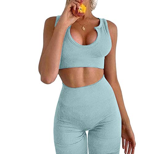 Ropa Deportiva Traje de Dos Piezas de Fitness para Mujer Chaleco Tops y Pantalones Largo/Corto de Cintura Alta Ropa de Yoga Verano Conjunto Deporte Yoga Chándales